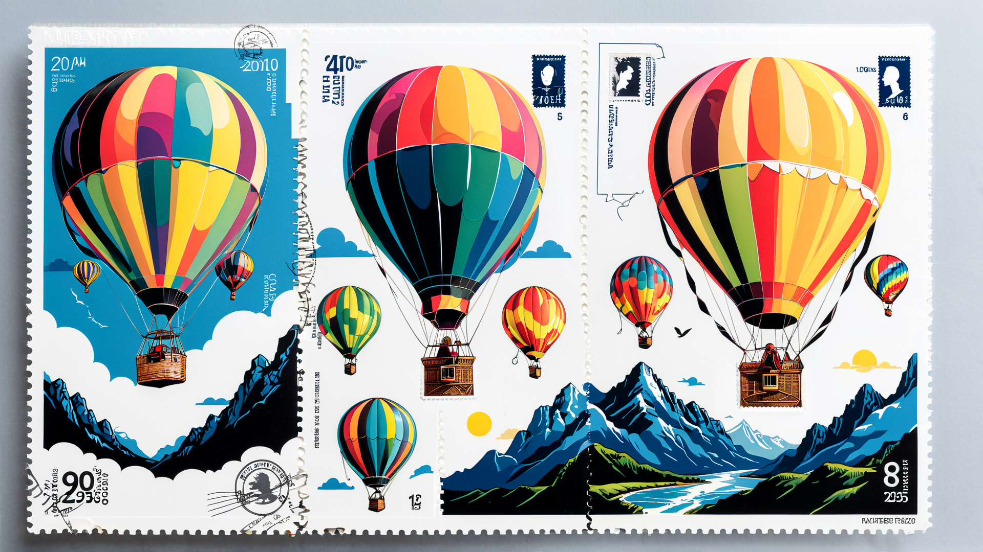 AI generated wallpaper featuring hot air balloons, mountains, postage stamps