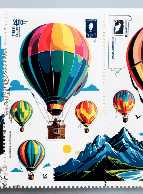 hot air balloons, mountains, postage stamps
