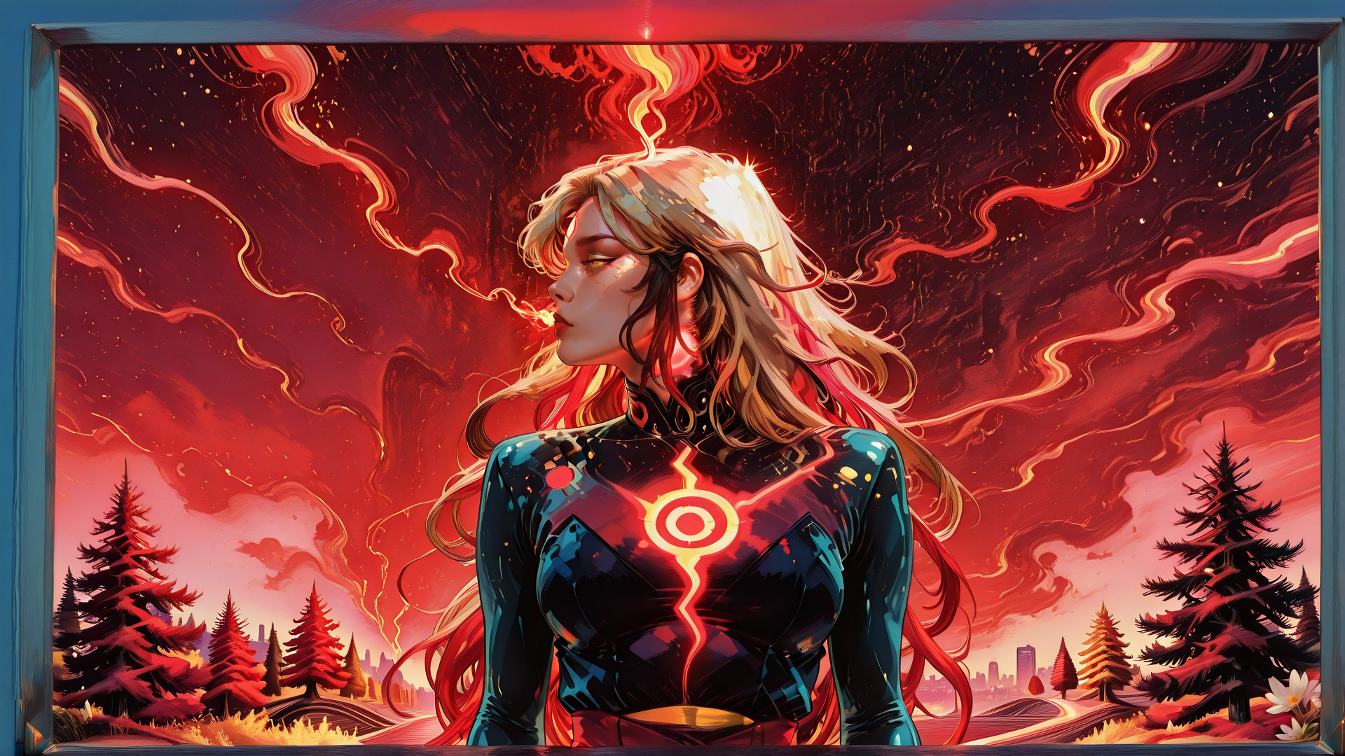 AI generated wallpaper featuring woman, forest, sunset, city, glowing, trees, hair, armor, sky, symbols