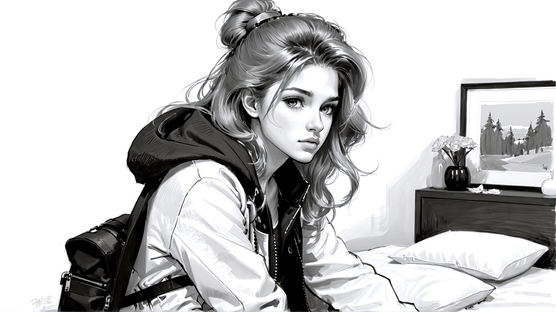 AI generated wallpaper featuring girl, bed, backpack, pillow, bedside table, flowers, painting, hoodie, jacket, hair