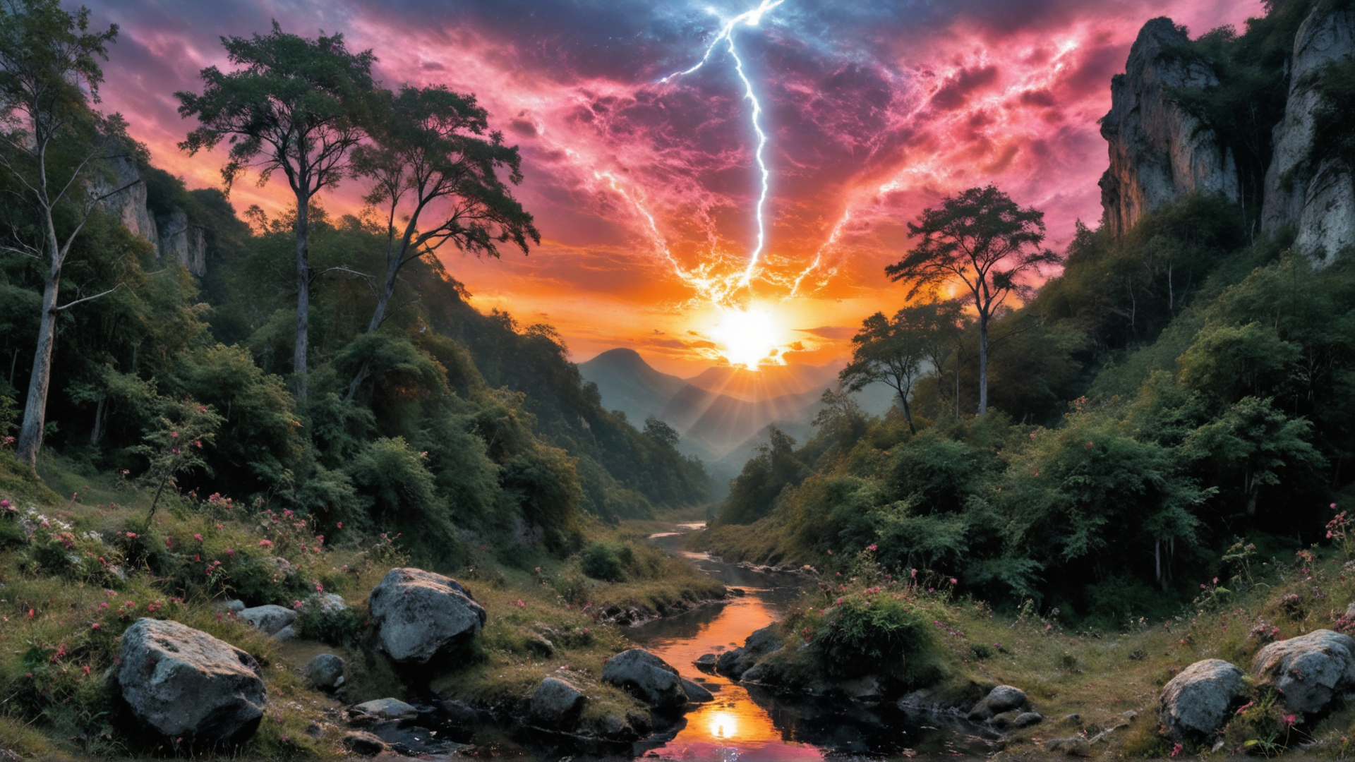 AI generated wallpaper featuring mountains, river, trees, clouds, lightning, sun, rocks, flowers, hills, sunset