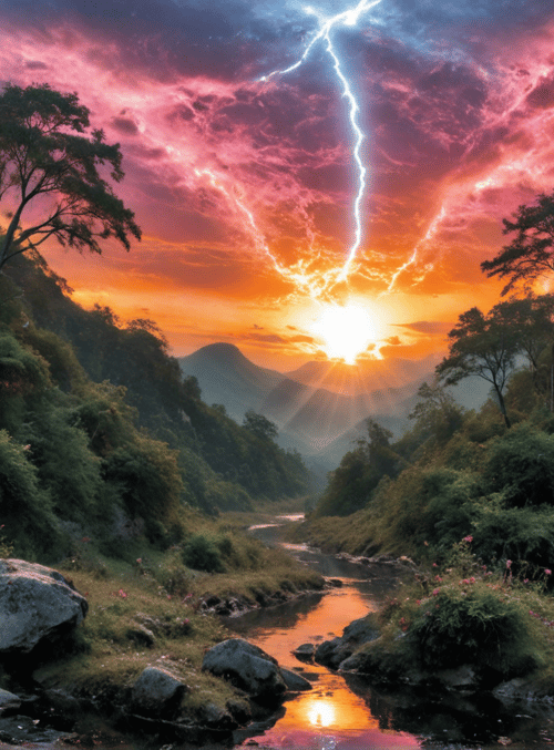 mountains, river, trees, clouds, lightning, sun, rocks, flowers, hills, sunset