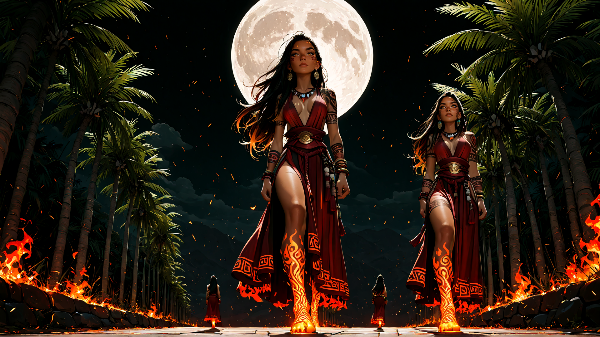 AI generated wallpaper featuring woman, palm tree, moon, fire, flame
