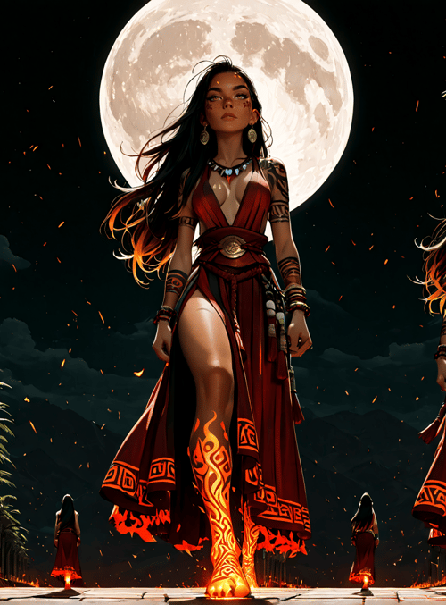woman, palm tree, moon, fire, flame