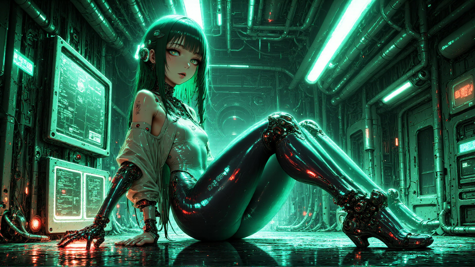 AI generated wallpaper featuring cyborg, girl, robot, mechanical, legs, arms, gloves, boots, hair, screen