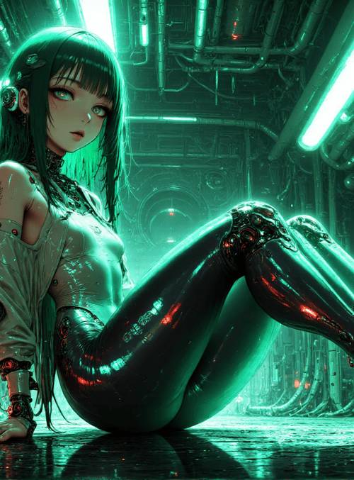 cyborg, girl, robot, mechanical, legs, arms, gloves, boots, hair, screen