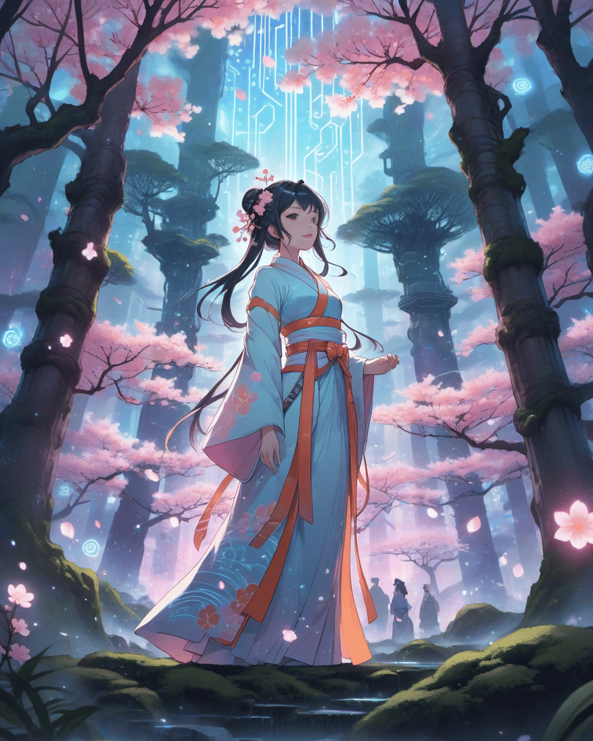 AI generated wallpaper featuring woman, cherry blossoms, trees