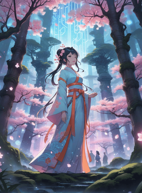 woman, cherry blossoms, trees