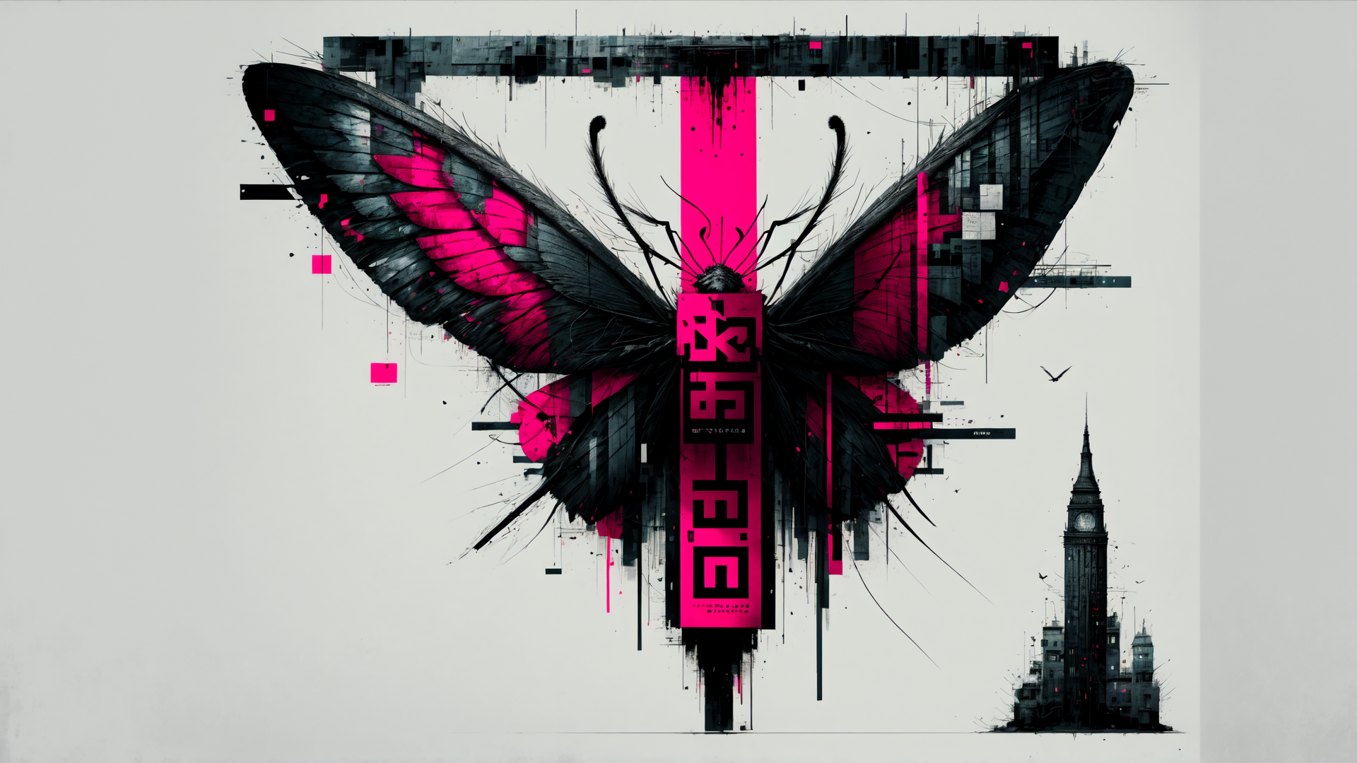 AI generated wallpaper featuring butterfly, butterfly, cityscape, clock tower, graphic art, text, urban, digital, abstract, art