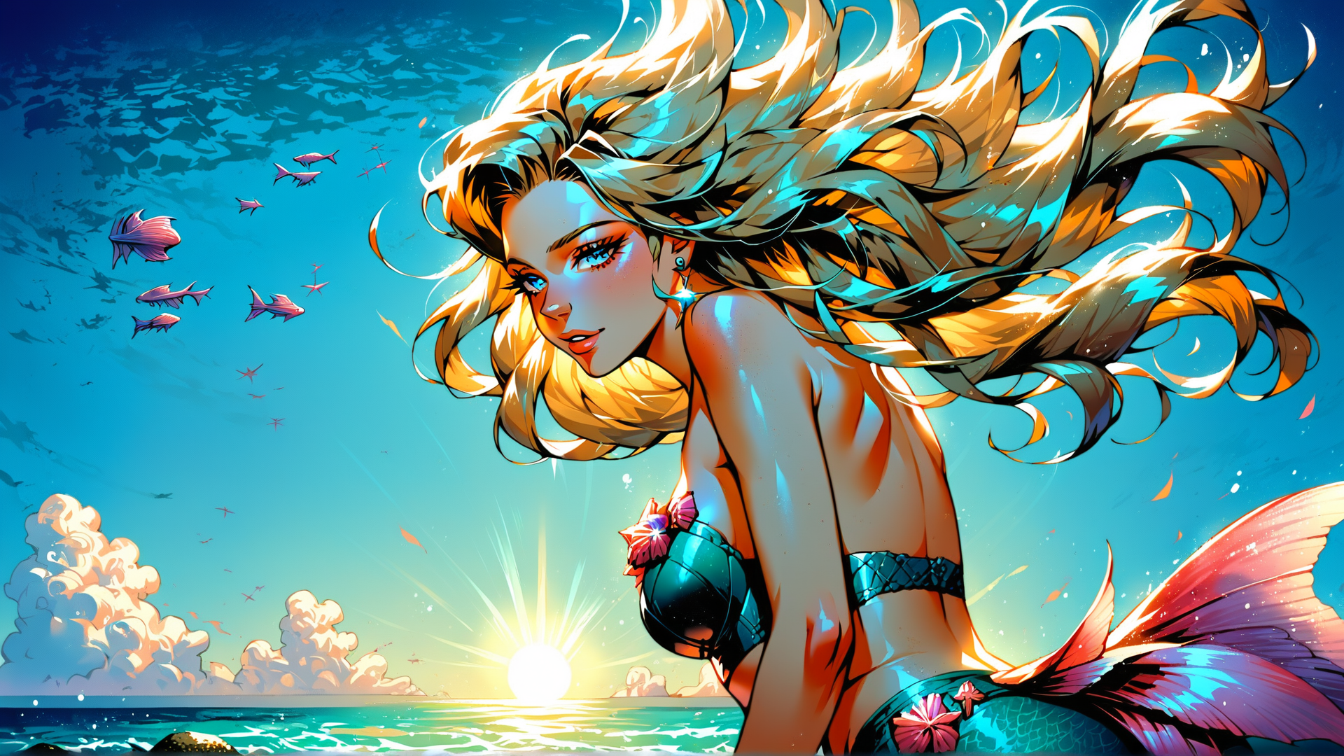AI generated wallpaper featuring mermaid, fish, sun, clouds, ocean, hair, sunlight, seaweed, sunset, water