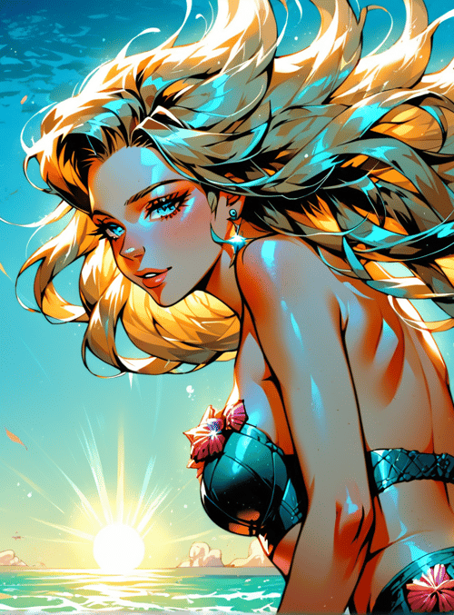 mermaid, fish, sun, clouds, ocean, hair, sunlight, seaweed, sunset, water