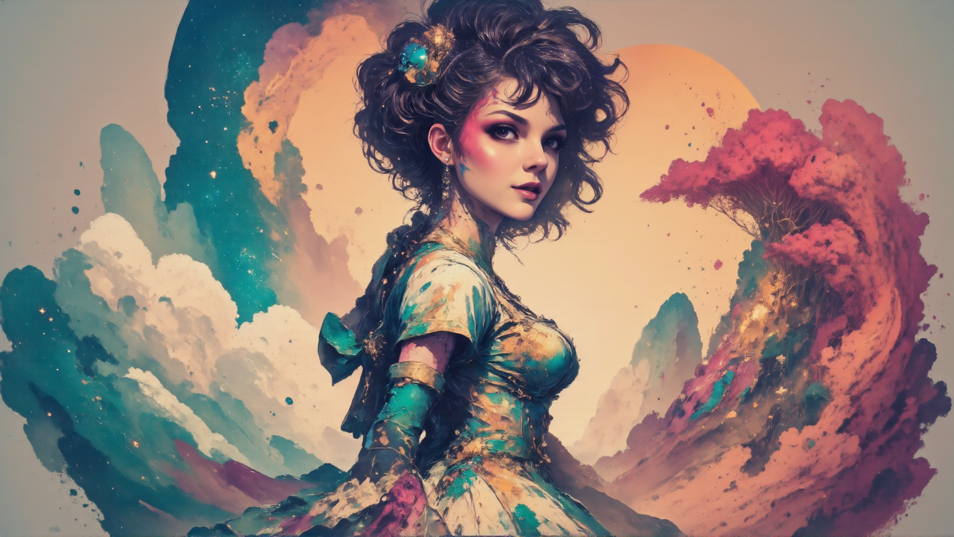 AI generated wallpaper featuring woman, paint, tree