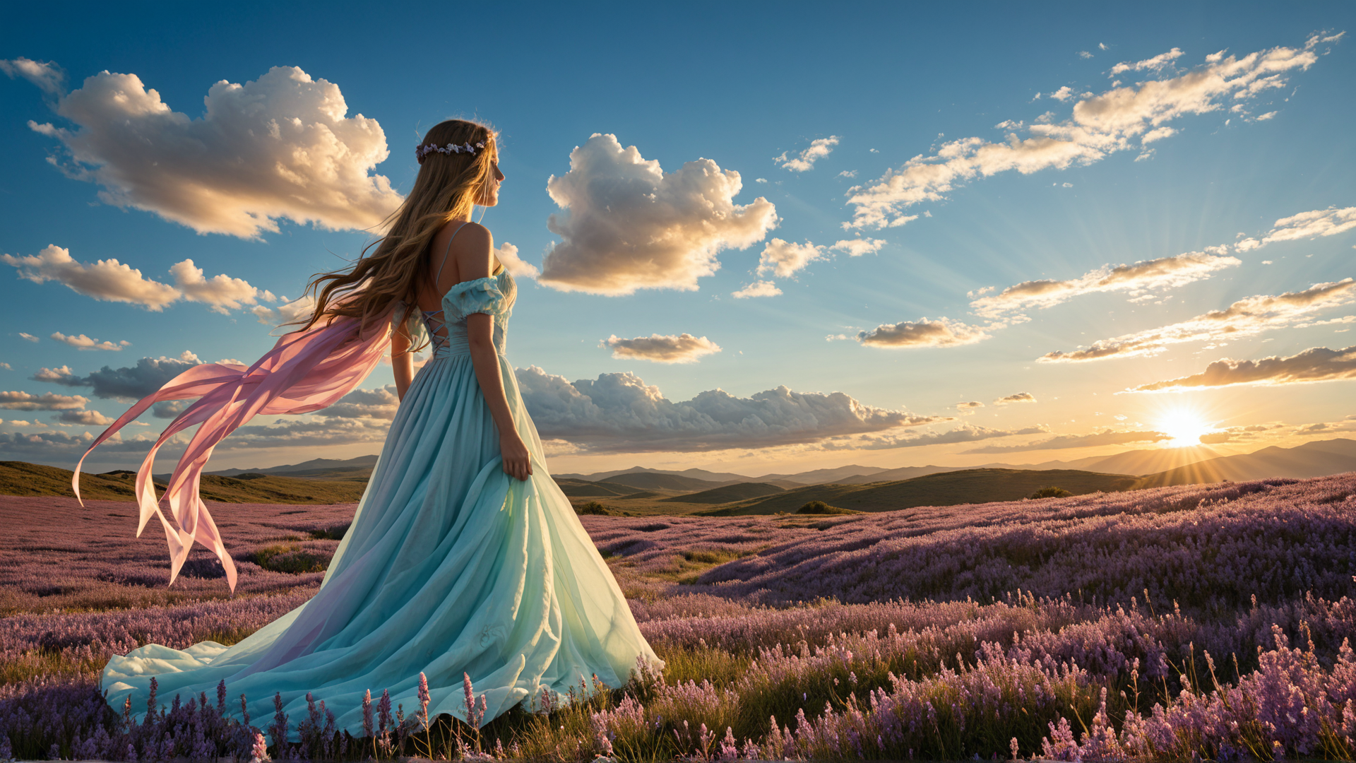 AI generated wallpaper featuring woman, dress, field