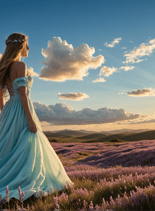 woman, dress, field