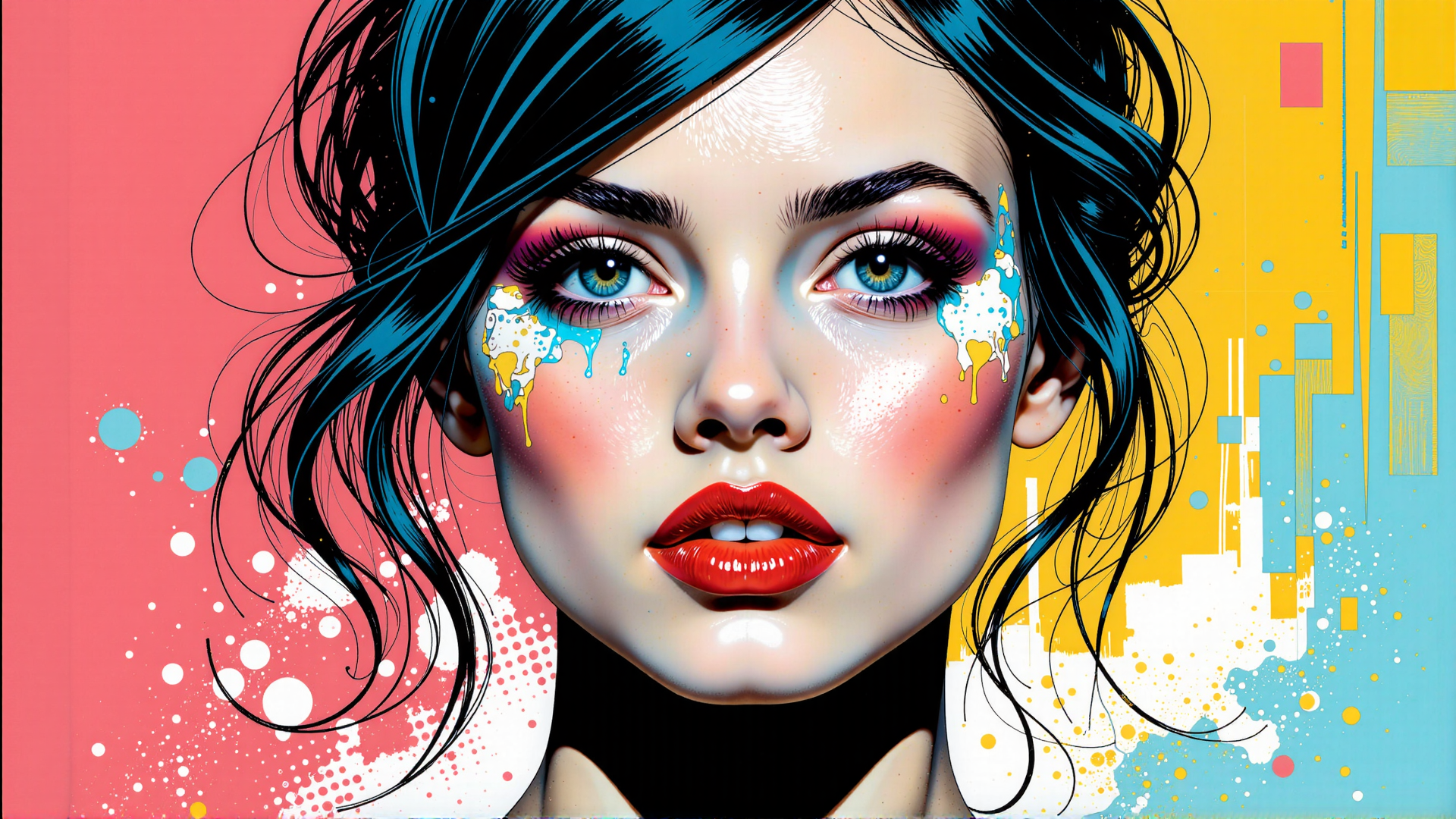 AI generated wallpaper featuring woman, face, hair, paint