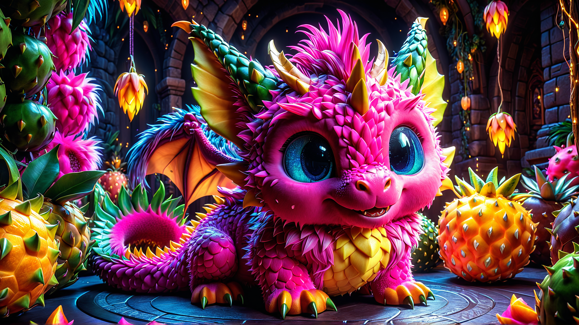 AI generated wallpaper featuring dragon, pineapple, cactus