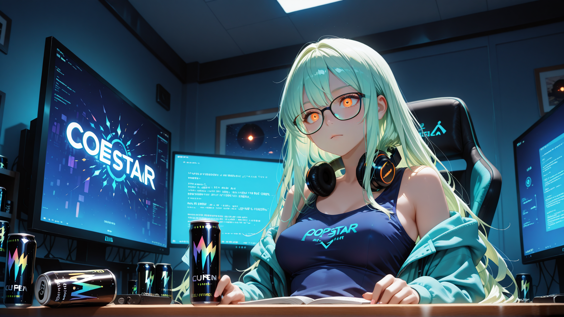AI generated wallpaper featuring anime girl, gamer, computer monitors, headphones, energy drink