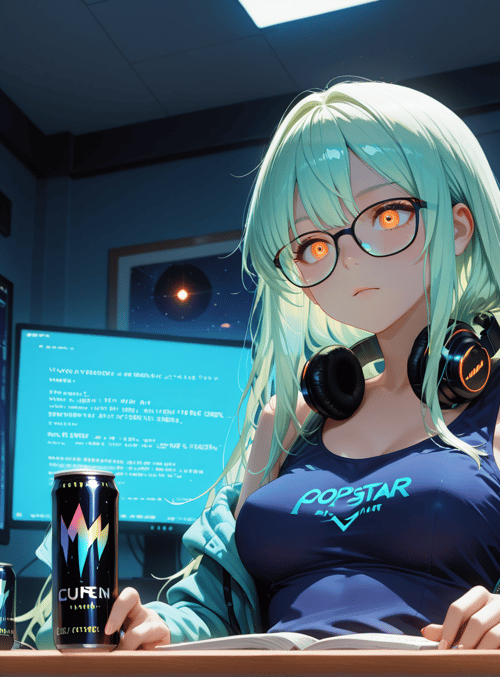 anime girl, gamer, computer monitors, headphones, energy drink