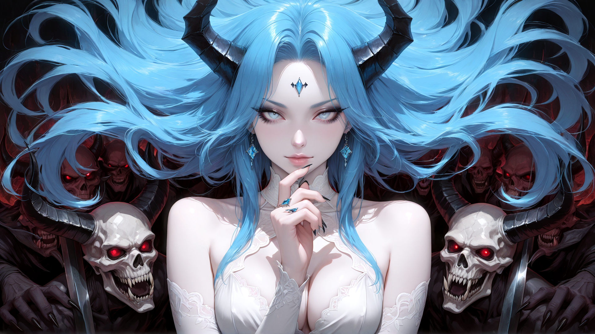 AI generated wallpaper featuring woman, skeletons, demons, horns, skull, ears, nails, dress, hair, jewelry