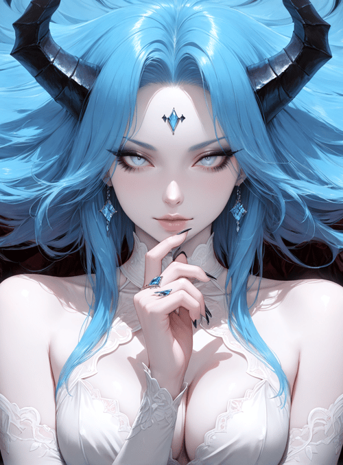 woman, skeletons, demons, horns, skull, ears, nails, dress, hair, jewelry