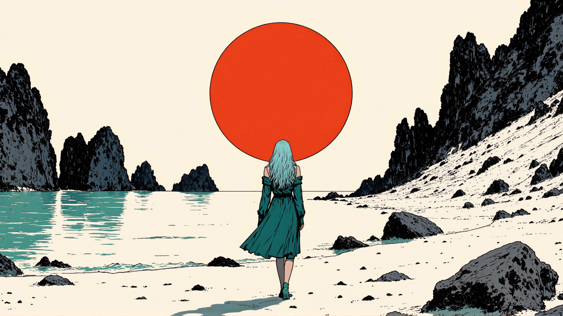 AI generated wallpaper featuring woman, beach, sun, rocks, dress