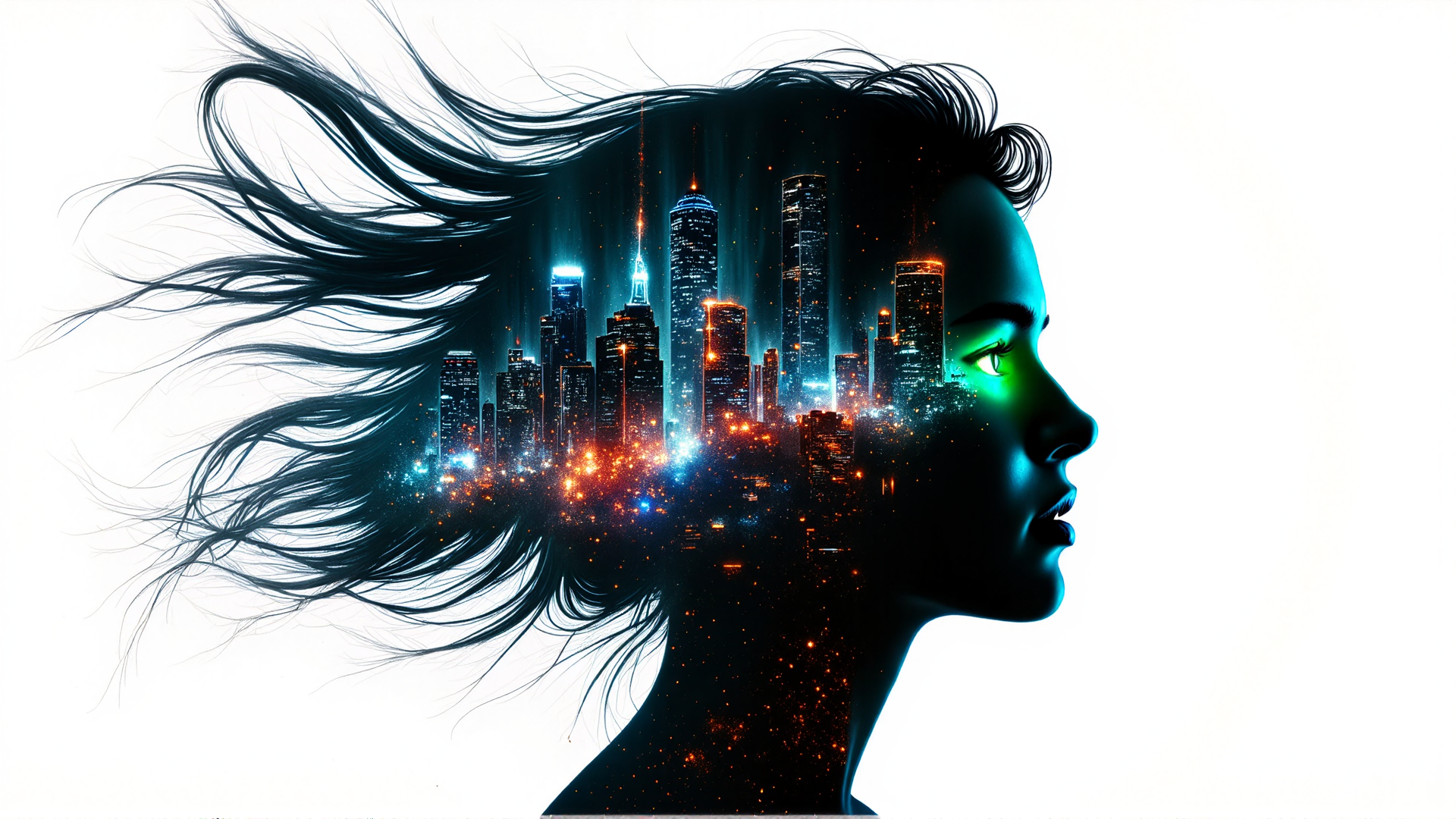 AI generated wallpaper featuring woman, cityscape, hair