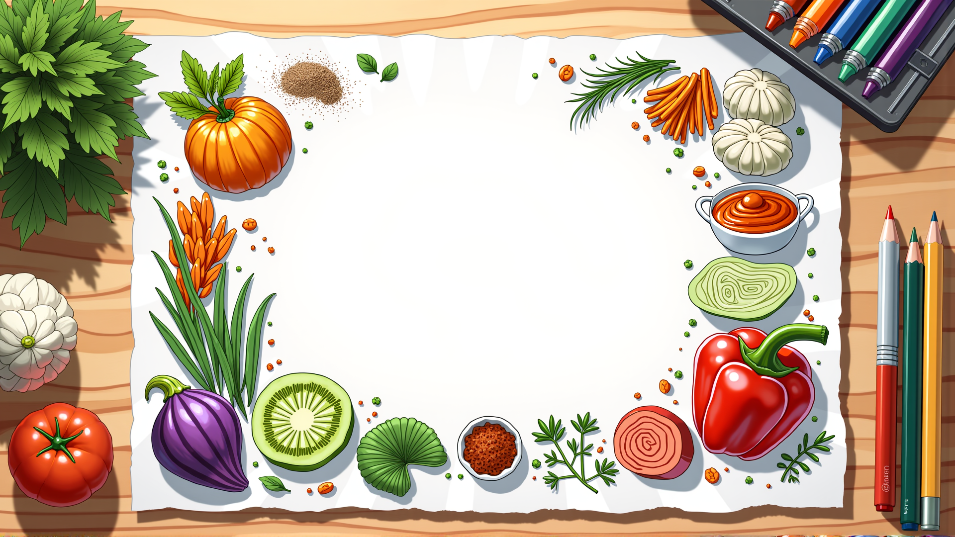 AI generated wallpaper featuring vegetables, spices, art supplies