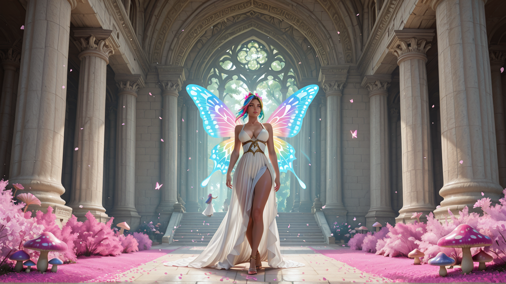 AI generated wallpaper featuring woman, butterfly, garden, columns, mushroom, fairy, dress, window, blossom, sunset