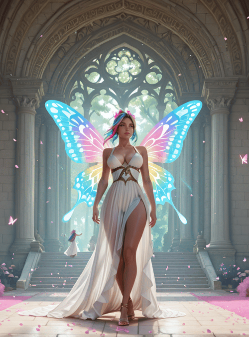 woman, butterfly, garden, columns, mushroom, fairy, dress, window, blossom, sunset