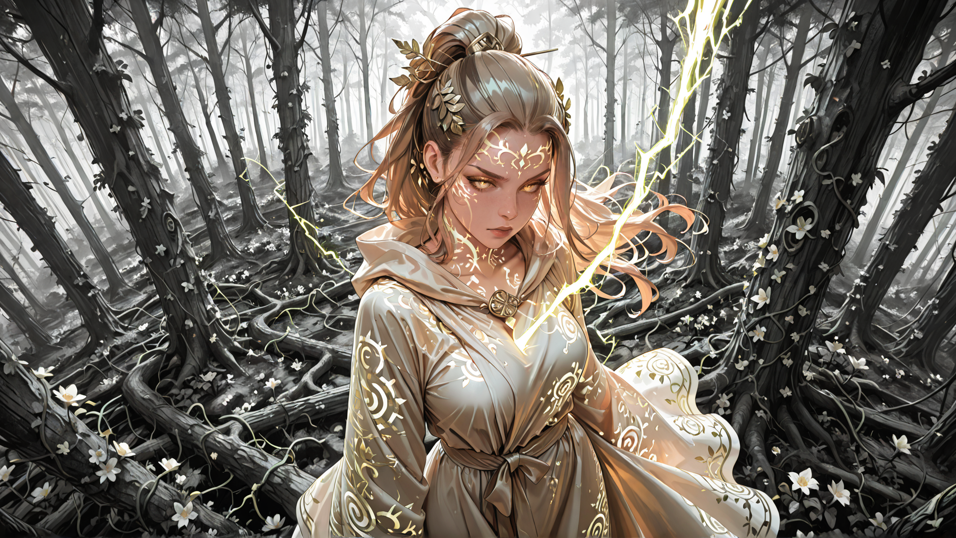 AI generated wallpaper featuring woman, forest, lightning, trees, dress, flowers, roots, leaves, hair, ornaments