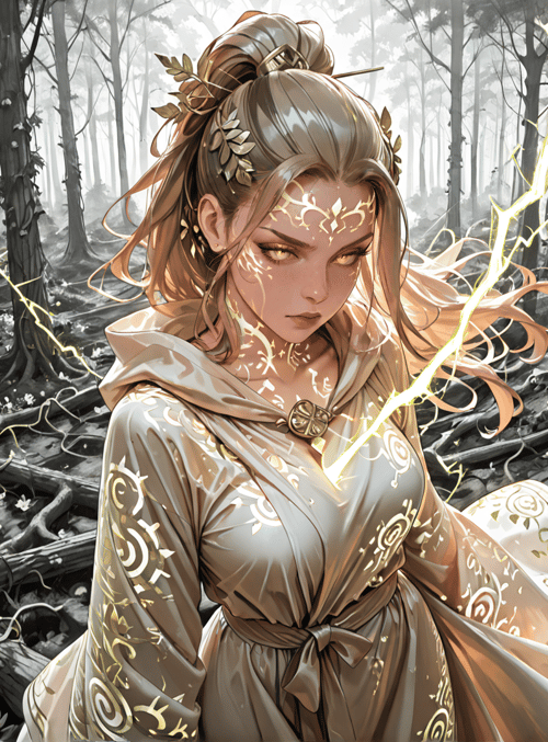 woman, forest, lightning, trees, dress, flowers, roots, leaves, hair, ornaments