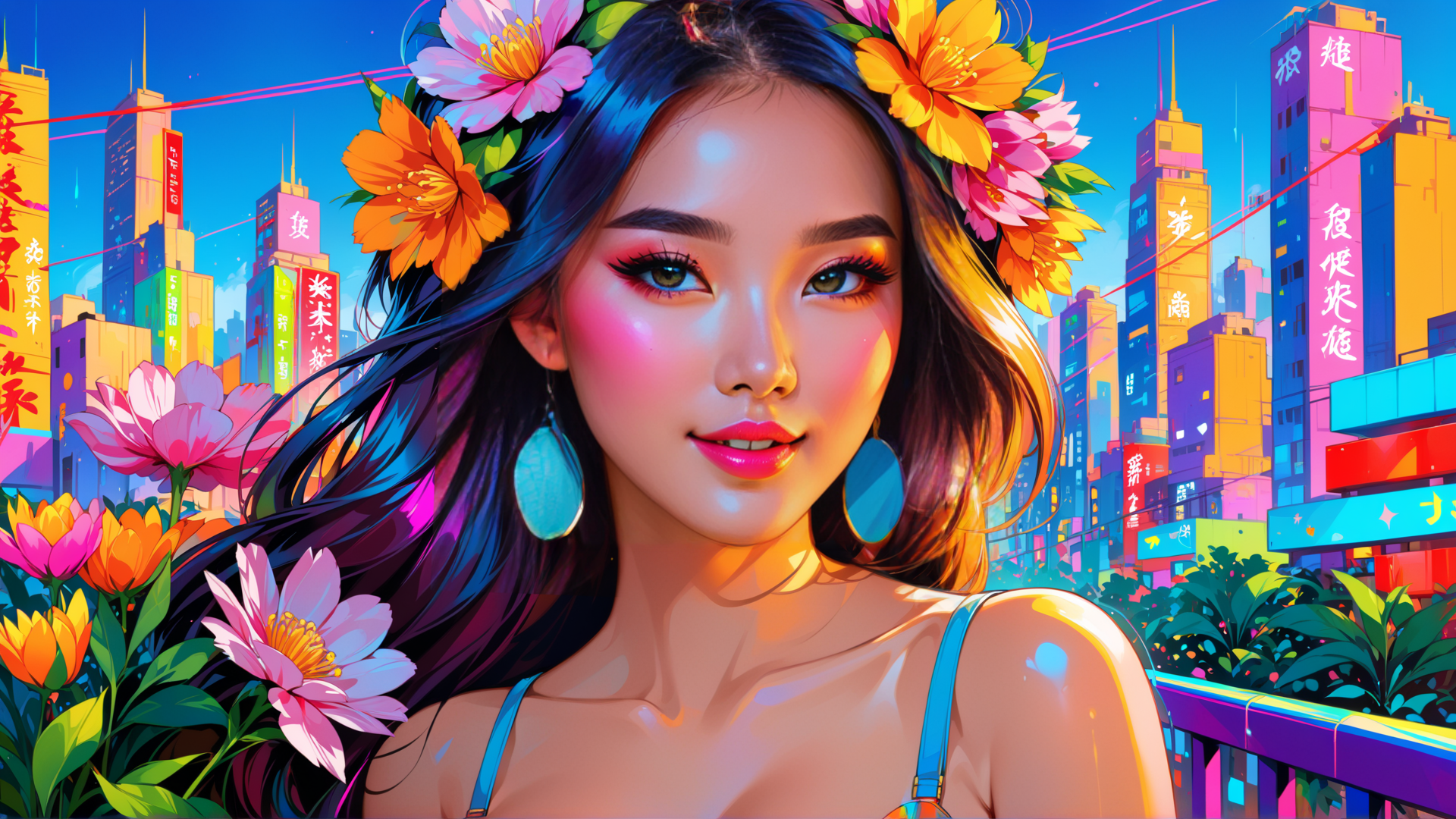 AI generated wallpaper featuring woman, flowers, cityscape