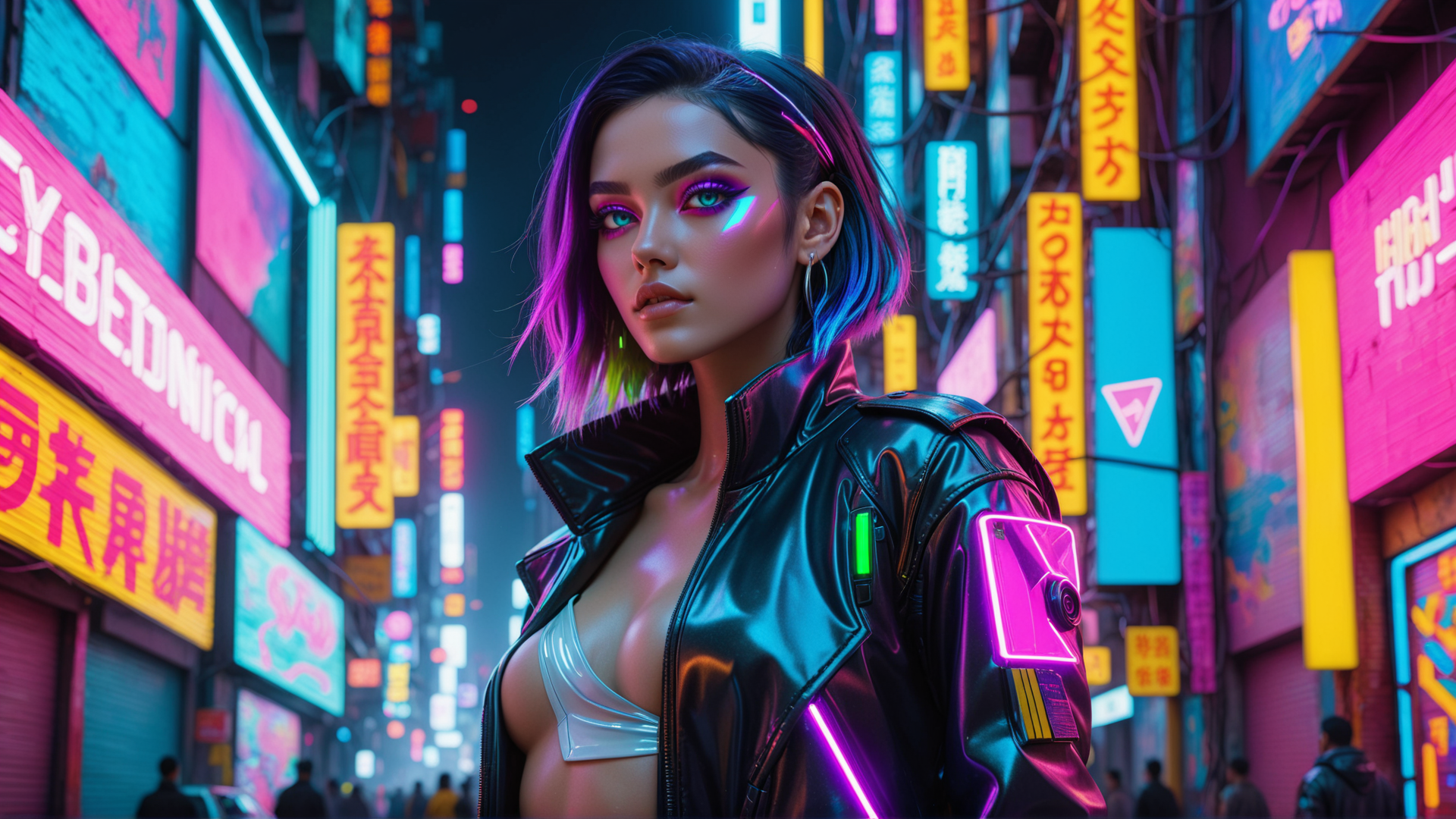 AI generated wallpaper featuring woman, cyberpunk, neon