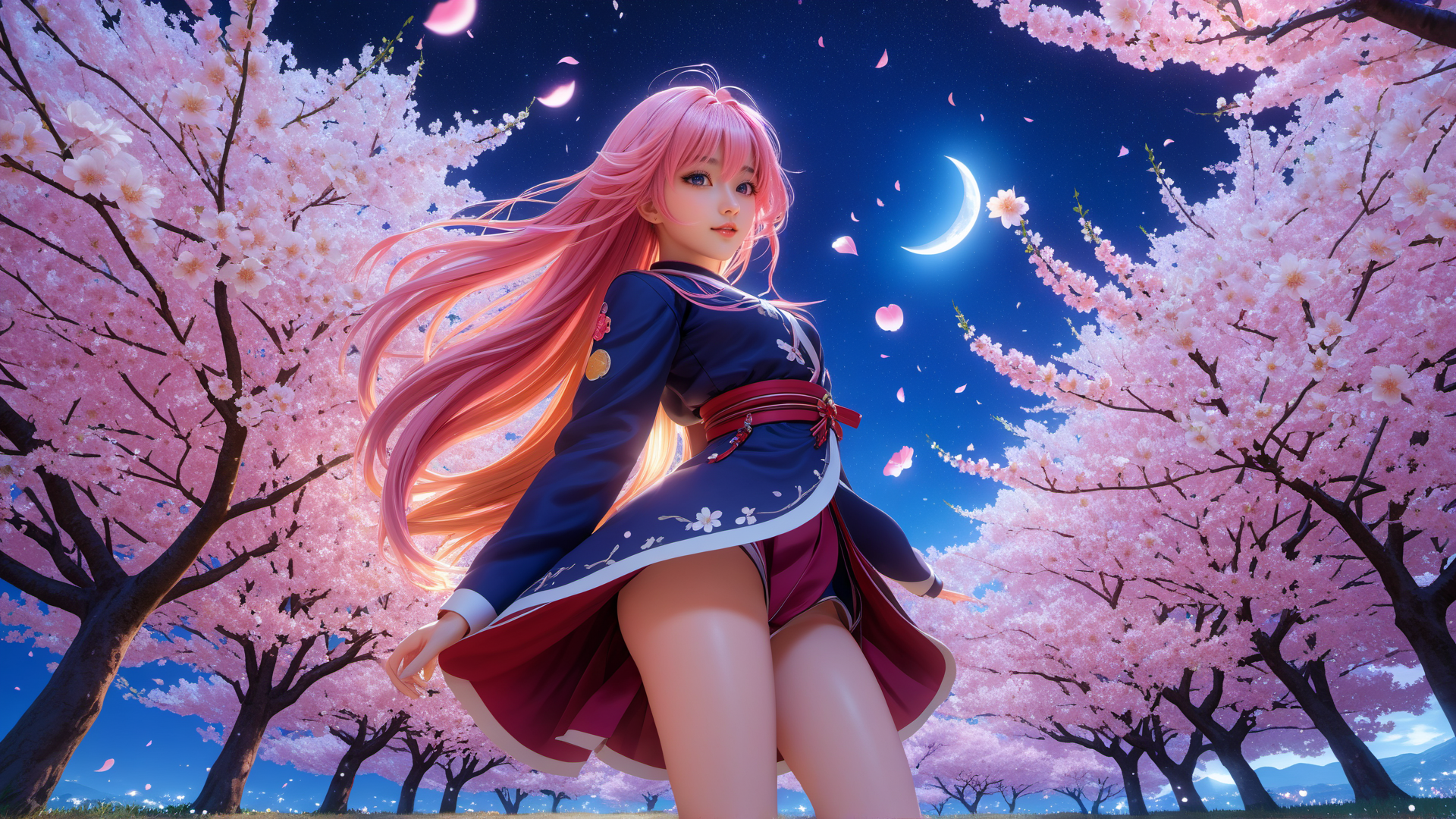 AI generated wallpaper featuring girl, cherry blossoms, moon