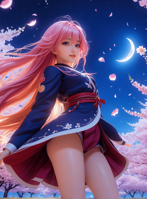 girl, cherry blossoms, moon