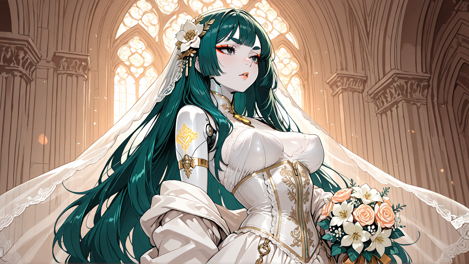 AI generated wallpaper featuring bride, cyborg, girl, veil, bouquet, cathedral
