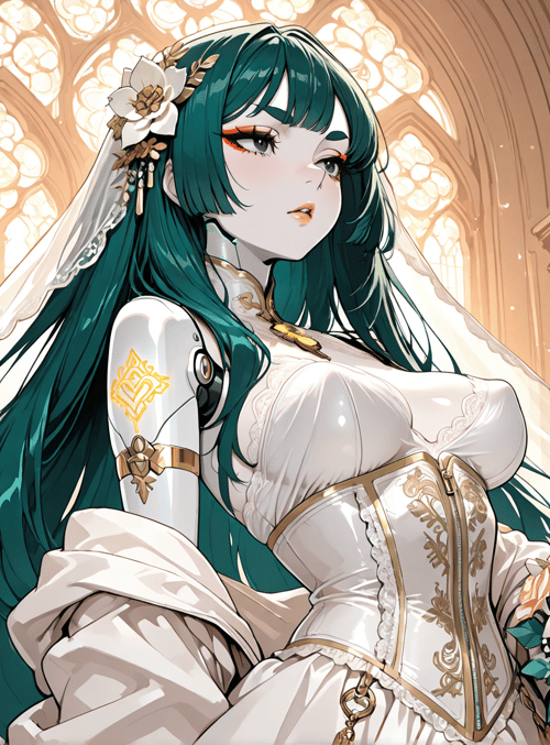 bride, cyborg, girl, veil, bouquet, cathedral