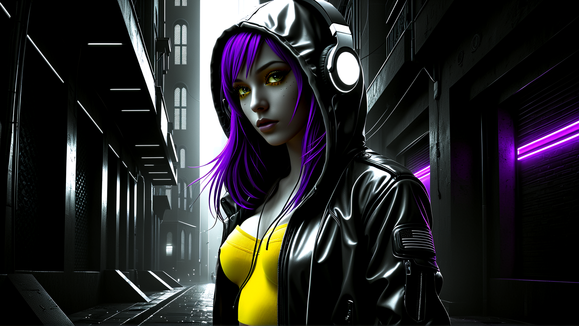 AI generated wallpaper featuring woman, neon, alleyway, cyberpunk, headphones