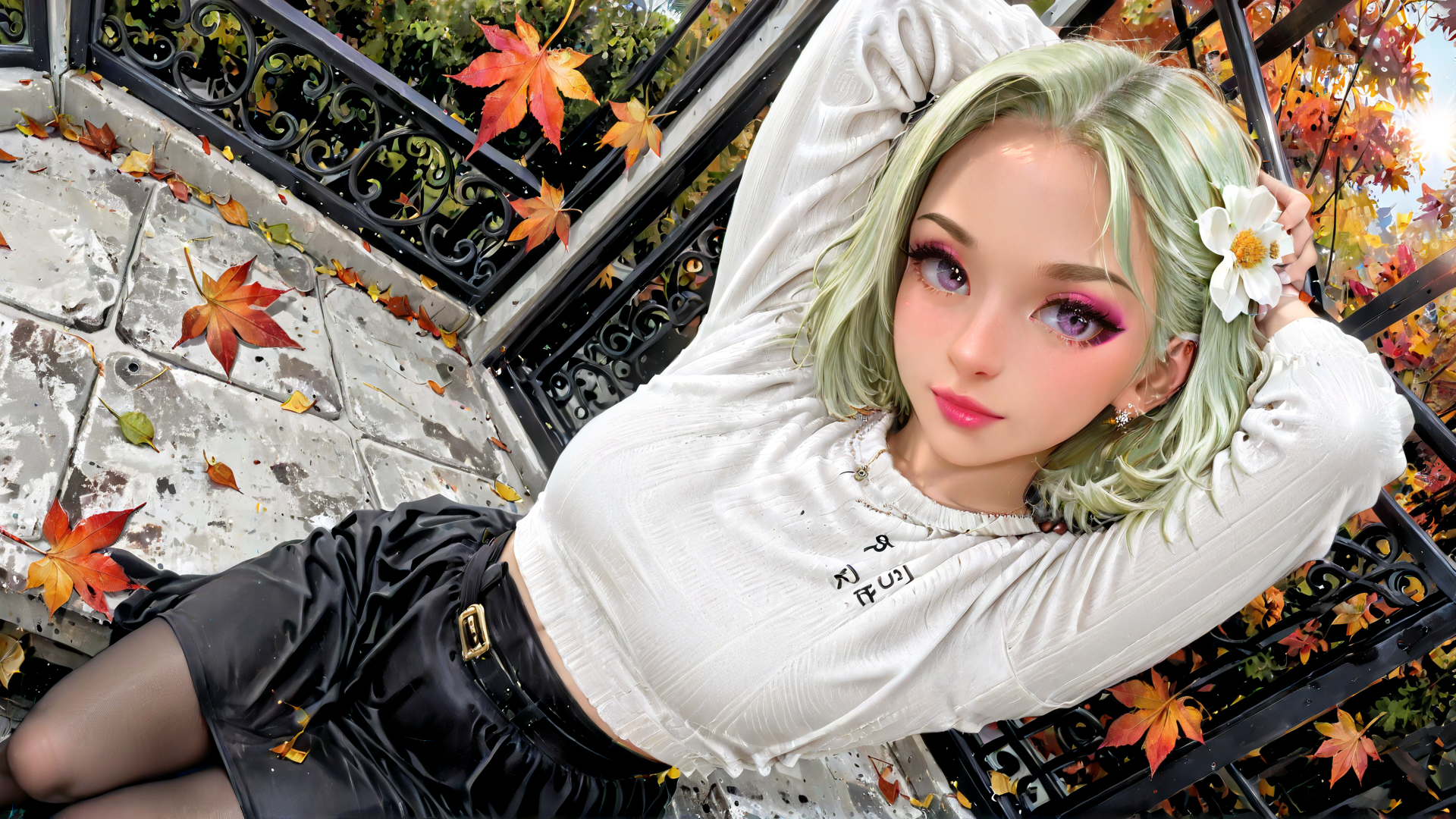 AI generated wallpaper featuring woman, leaves, flowers, staircase, hair