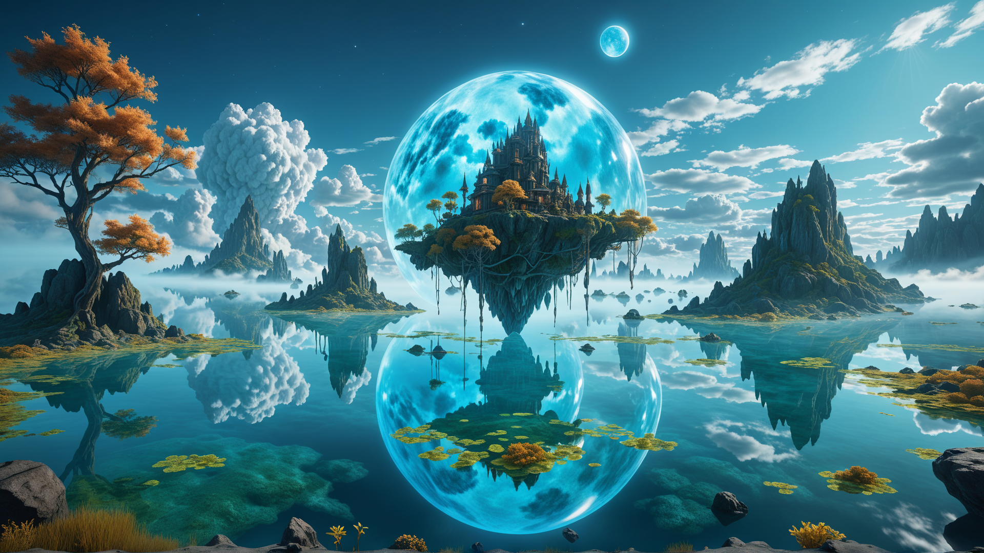 AI generated wallpaper featuring floating island, castle, tree