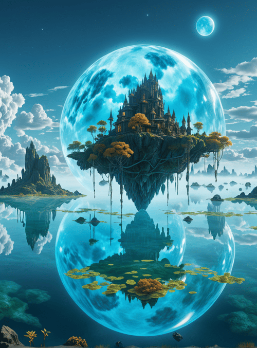 floating island, castle, tree