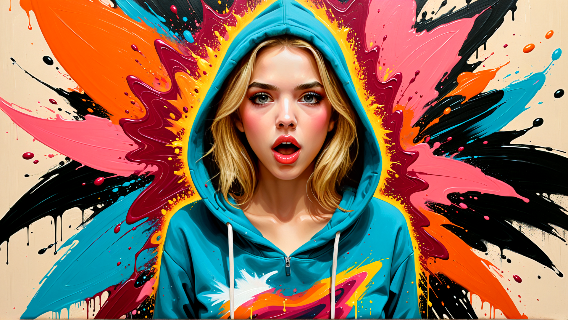 AI generated wallpaper featuring woman, hoodie, paint, splash