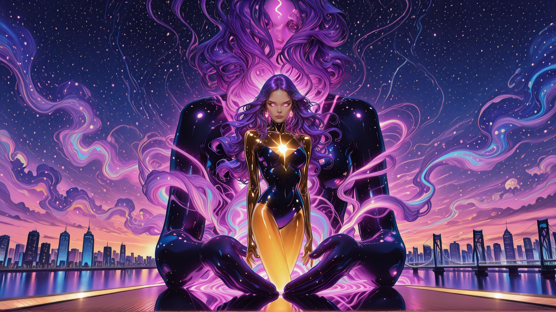 AI generated wallpaper featuring woman, cityscape, cosmic, giant figure, neon, stars, clouds, bridge, water, glow