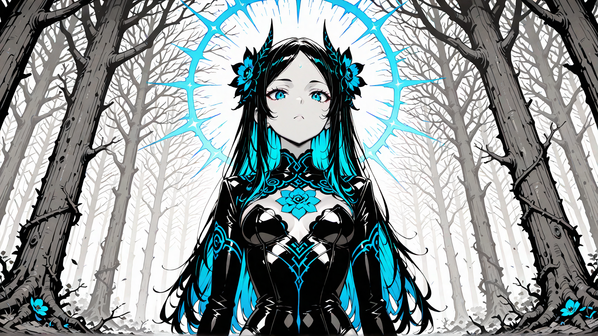 AI generated wallpaper featuring anime girl, forest, trees, flower, headdress, armor, soul, spirit