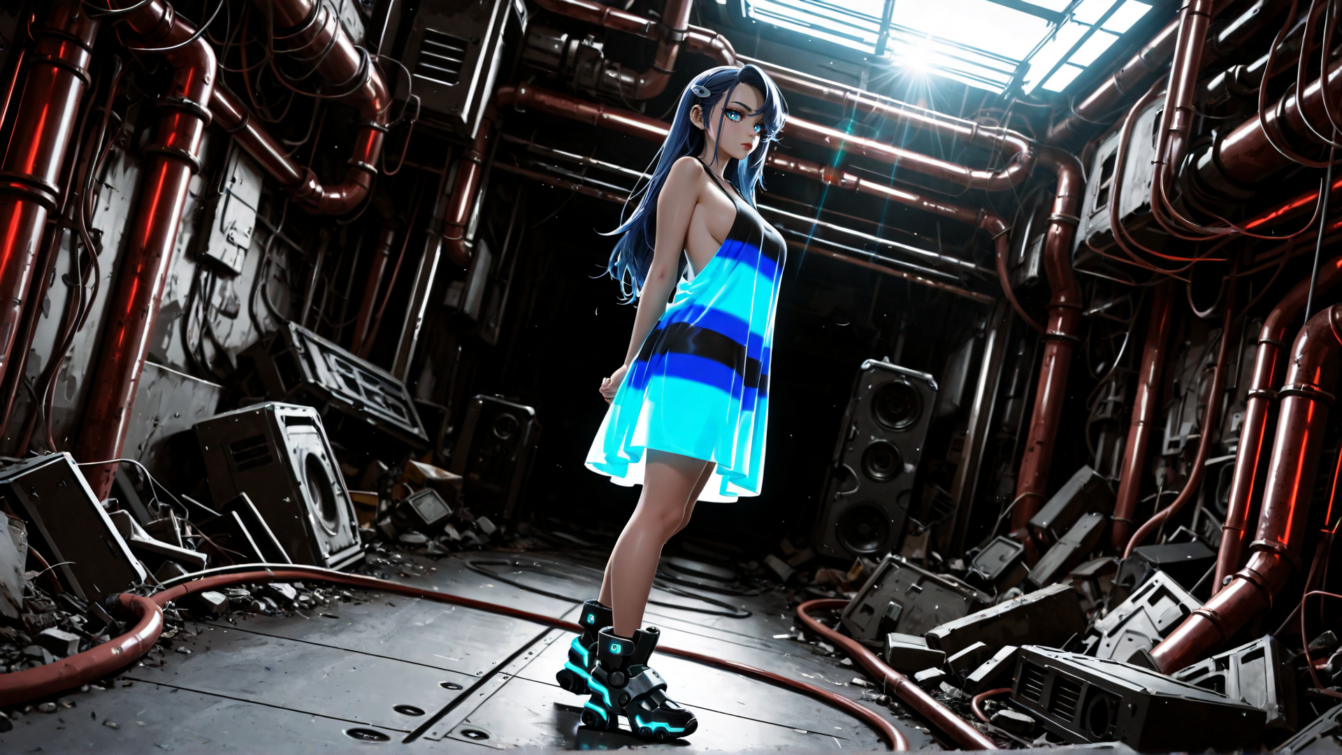 AI generated wallpaper featuring woman, cyborg, dress, pipes, speakers, debris, shoes, hair, light, background
