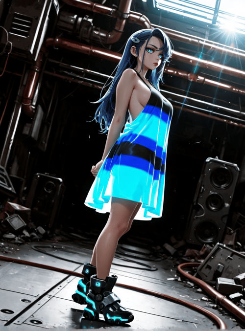 woman, cyborg, dress, pipes, speakers, debris, shoes, hair, light, background