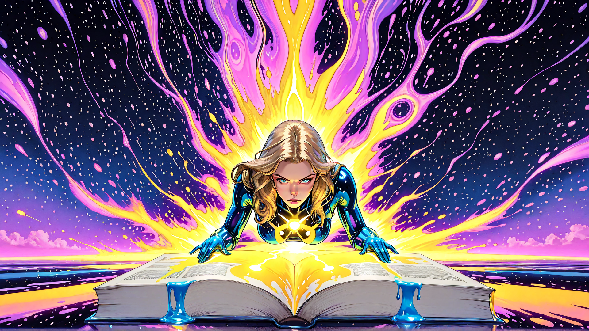 AI generated wallpaper featuring woman, book, magic, energy, cosmic, light, superhero, glowing, stars, potion