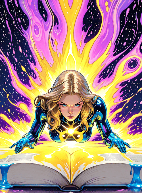 woman, book, magic, energy, cosmic, light, superhero, glowing, stars, potion