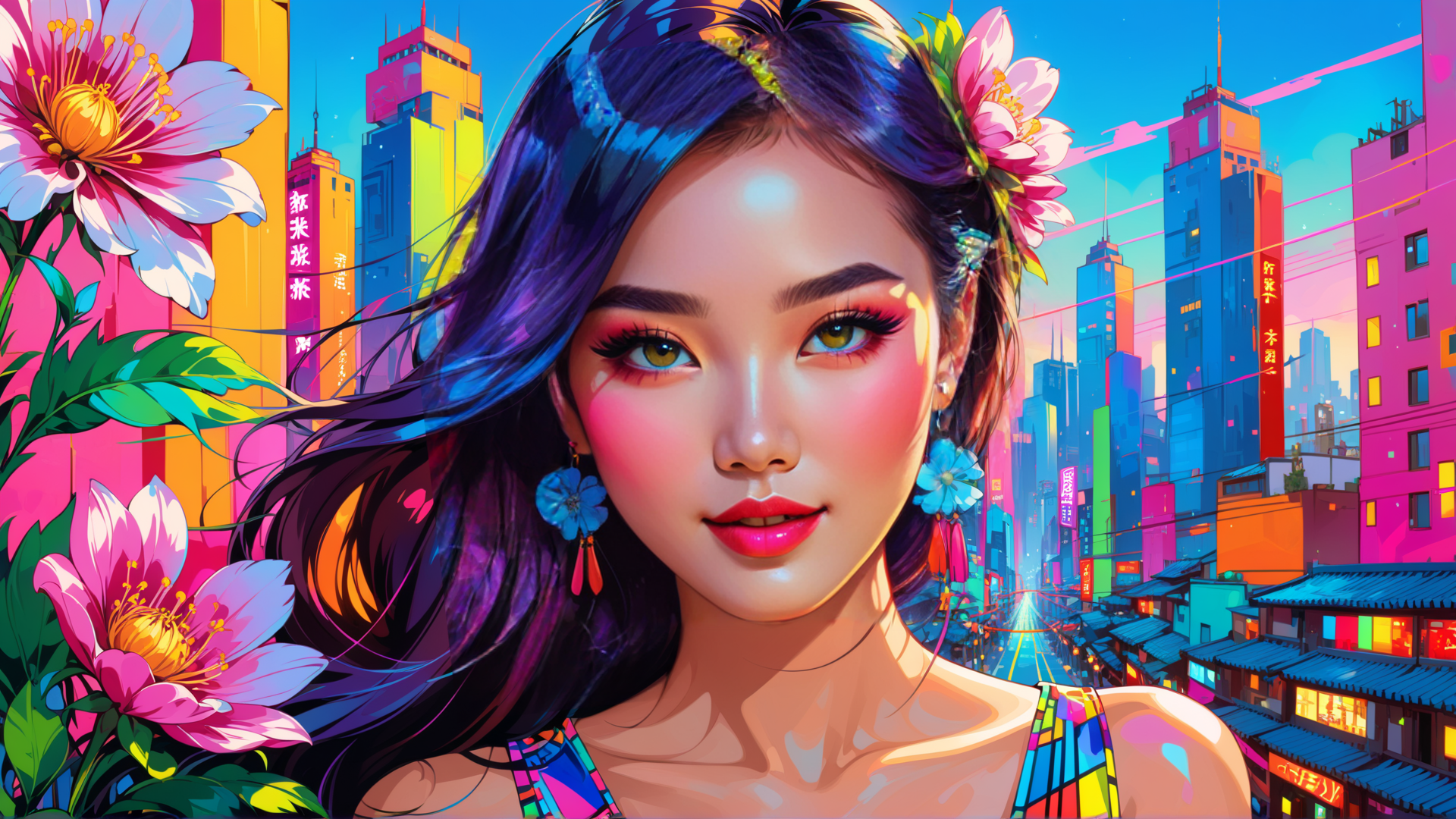 AI generated wallpaper featuring woman, cityscape, flowers