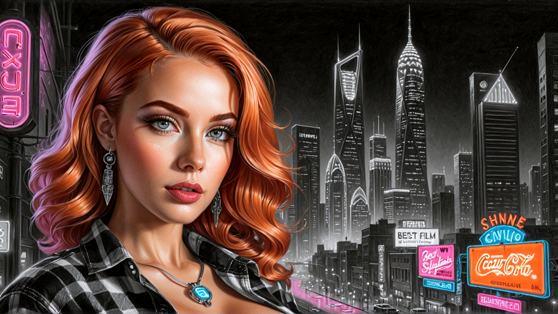 AI generated wallpaper featuring woman, cityscape, neon, signs, buildings, hair, ears, necklace, choker, plaid